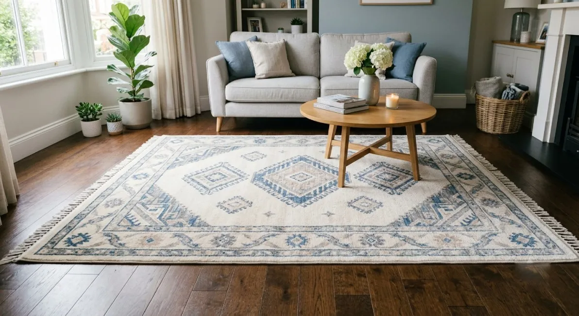 Cream and blue patterned area rug with fringe in a living room