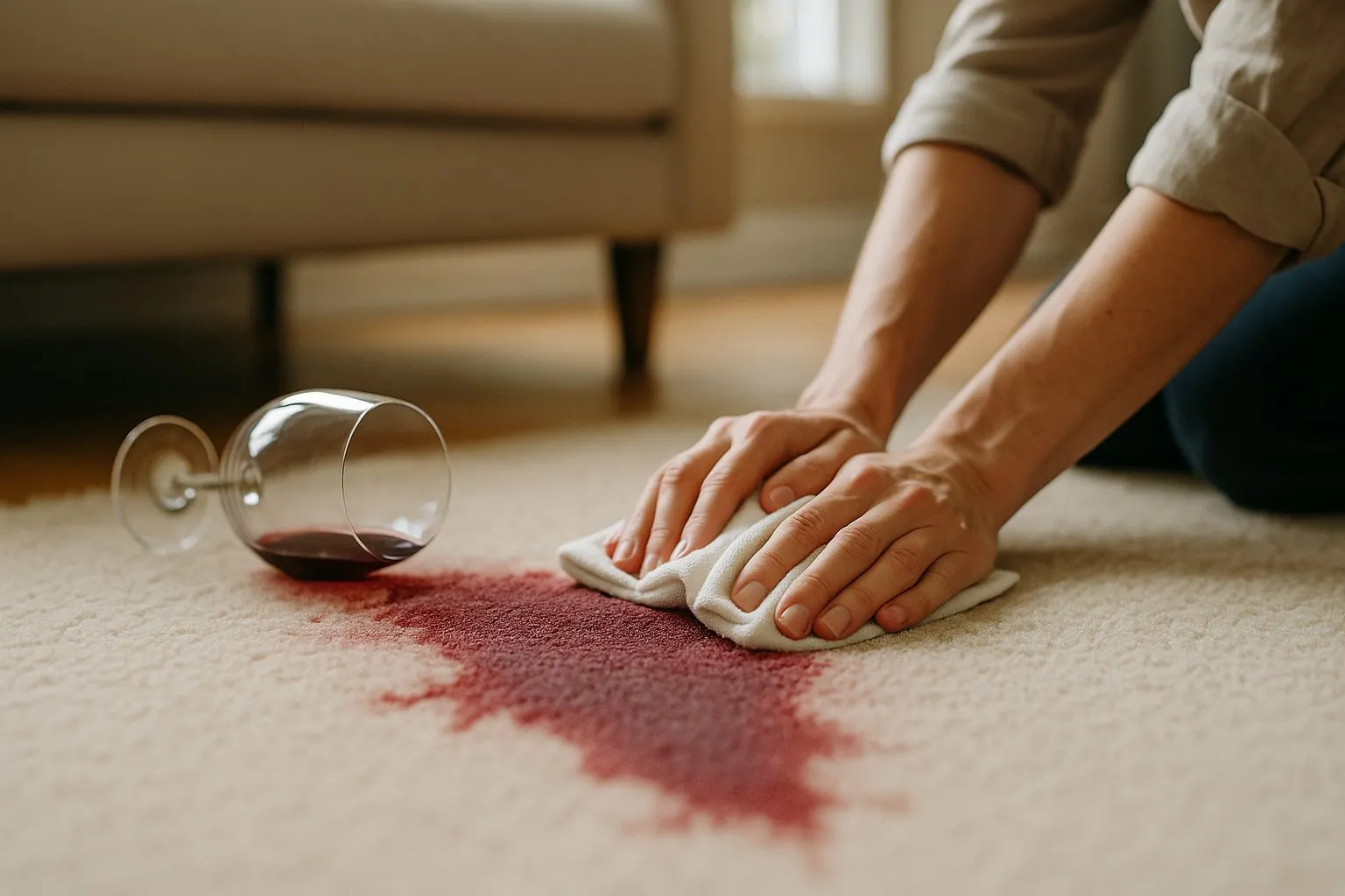 Spilled glass of red wine on a cream carpet being blotted with a white cloth